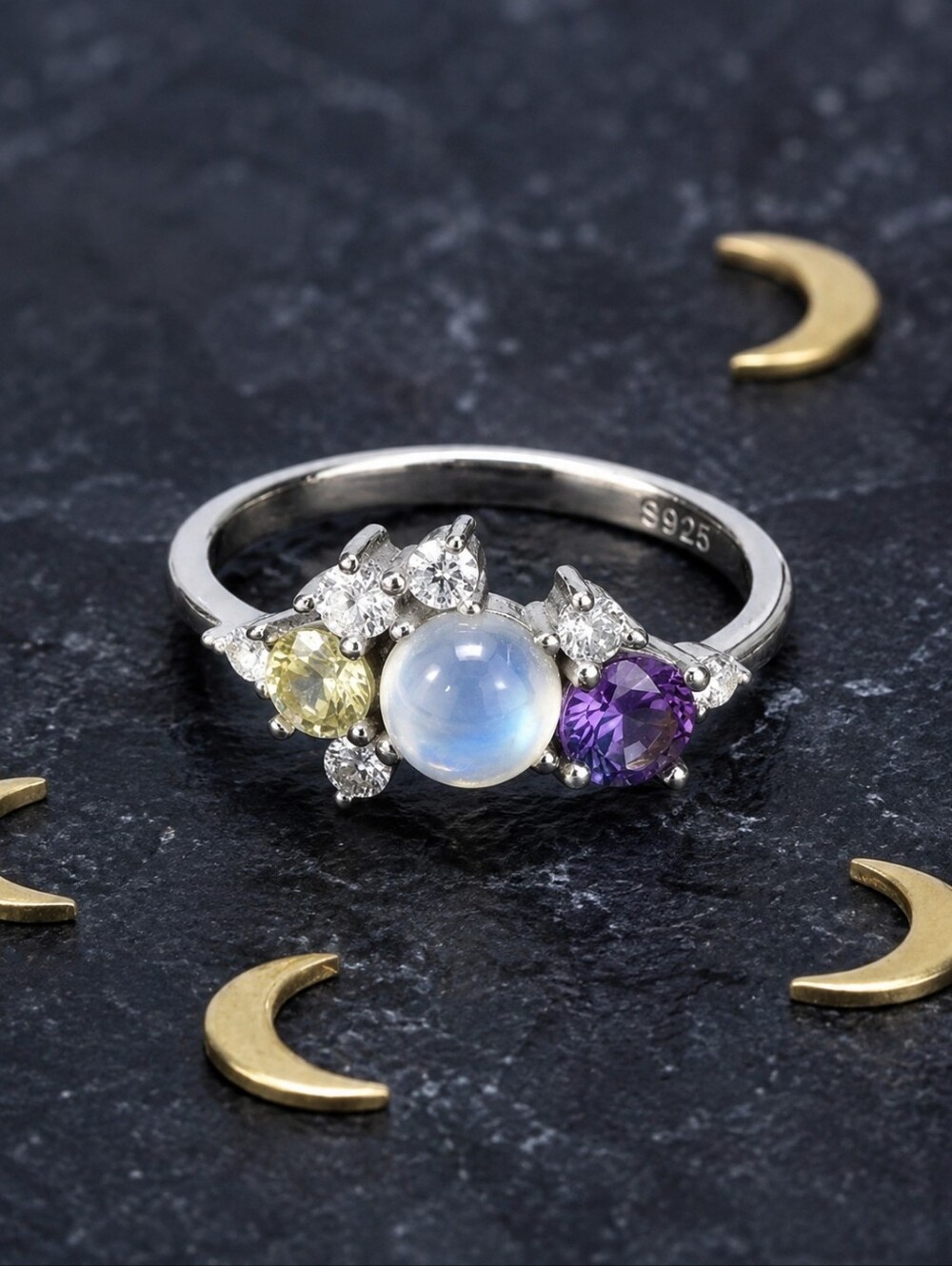 925 Sterling Silver Genuine Moonstone Celestial Multi Stone Cluster Ring Size 9